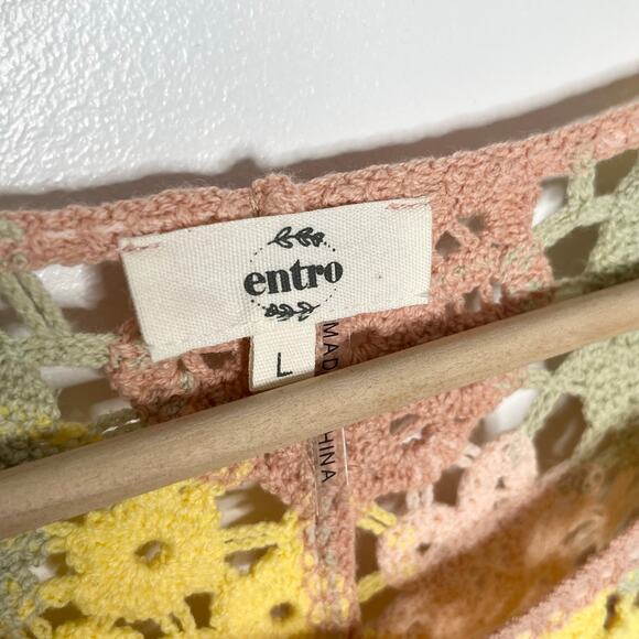 Entro Long Sleeve Crochet Sweater Womens Large Pink Floral Lace Boho Cottage - Picture 7 of 11